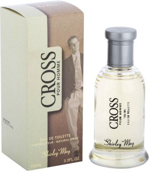 Shirley May Cross for Men EDT 100ml bottle with black pouch, featuring sleek design and masculine fragrance.