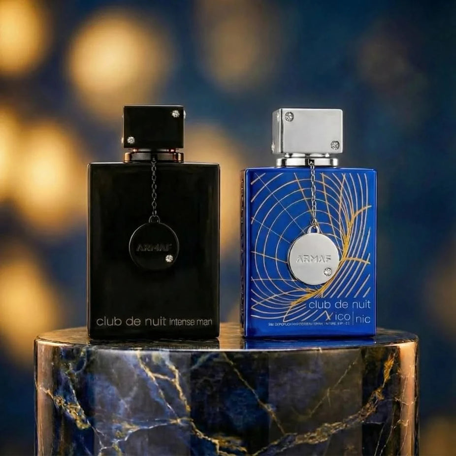 Armaf Club De Nuit Intense Man and Iconic Eau de Parfum Spray bundle, 200ML bottles, featuring sleek perfume packaging.