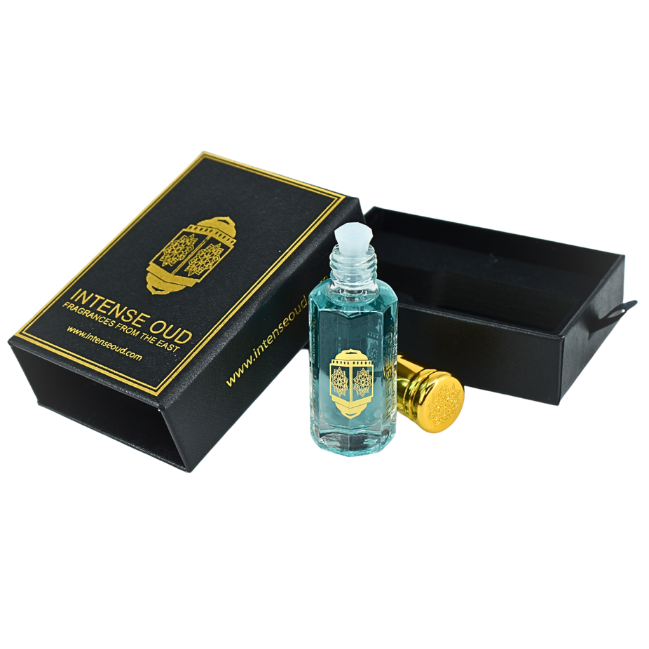 Crys Water Women Perfume Oil by Intense Oud in 12ml bottle with black gift box, featuring a clear glass bottle and black cap.
