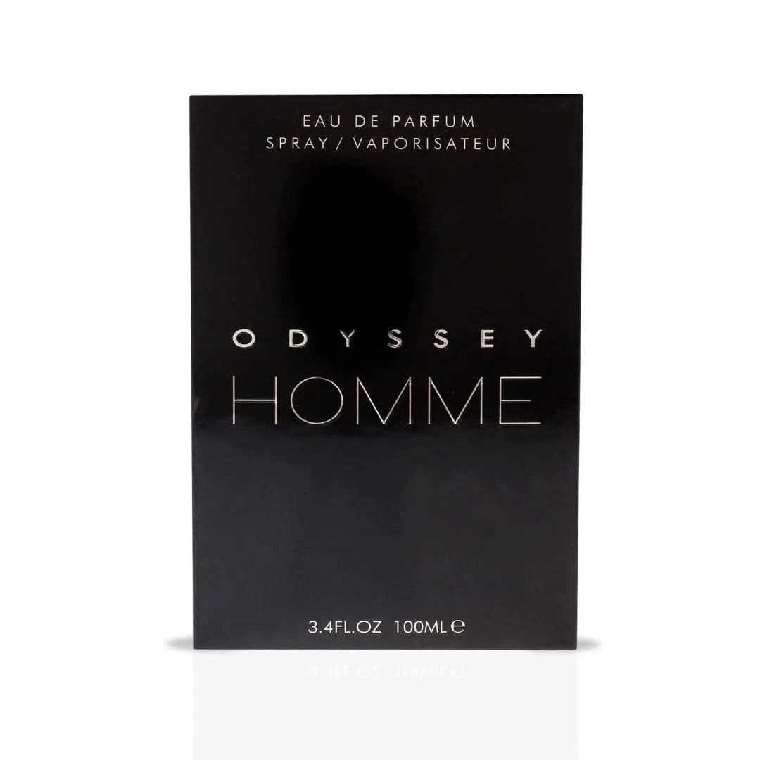 Odyssey Homme Black Eau de Parfum Spray by Armaf, 100ml, featuring sleek black bottle and stylish design.