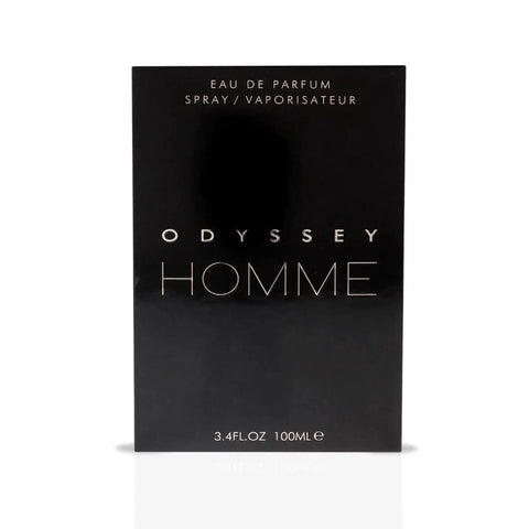Odyssey Homme Black Eau de Parfum Spray by Armaf, 100ml, featuring sleek black bottle and stylish design.