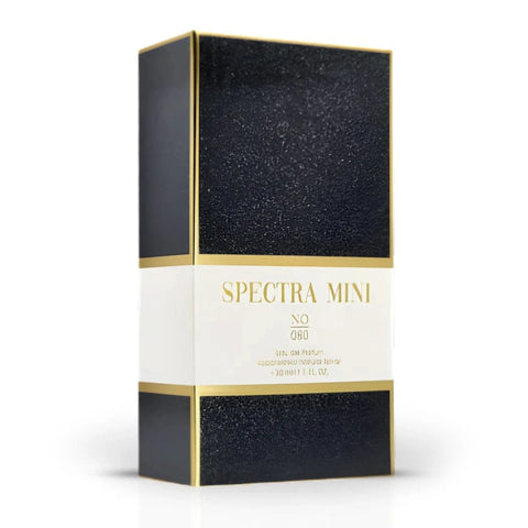 Spectra Mini No. 080 Eau De Parfum spray 30ml, elegant glass bottle with sleek black cap, showcasing luxurious fragrance design.