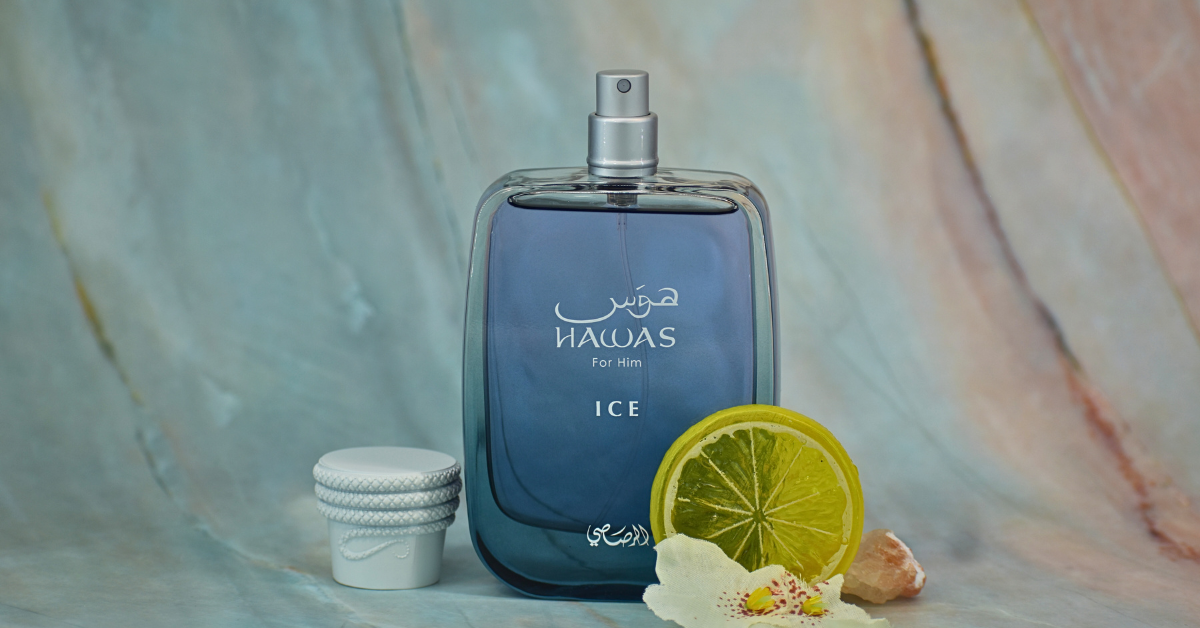 Rasasii Hawas Ice for Men Eau de Parfum spray 100ml showing the sleek bottle and packaging, designed for a fresh, masculine scent.