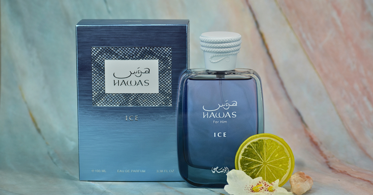 Rasasi Hawas Ice for Men Eau de Parfum spray 100ml, featuring a sleek bottle with a modern design and icy blue accents.