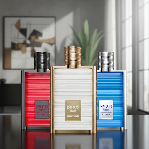 Khadlaj Karus Blu Spice, Secret Musk & Oud Fire Eau de Parfum bundle with three 100ml sprays, featuring aromatic and luxurious scents.