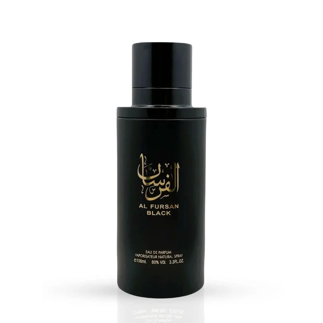 Aura Fragrances Al Fursan Black Eau De Parfum spray 100ml bottle, sleek black design and elegant packaging.