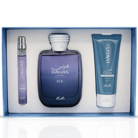 Rasasi Hawas Ice 3-piece perfume gift set with bottles of men's fragrances, stylish packaging and perfume sprays.