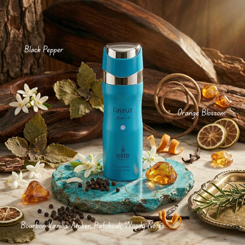 Fayruz Body Spray by Elite Risala in 200ml bottle, deodorant with a sleek design and fresh scent in the image.
