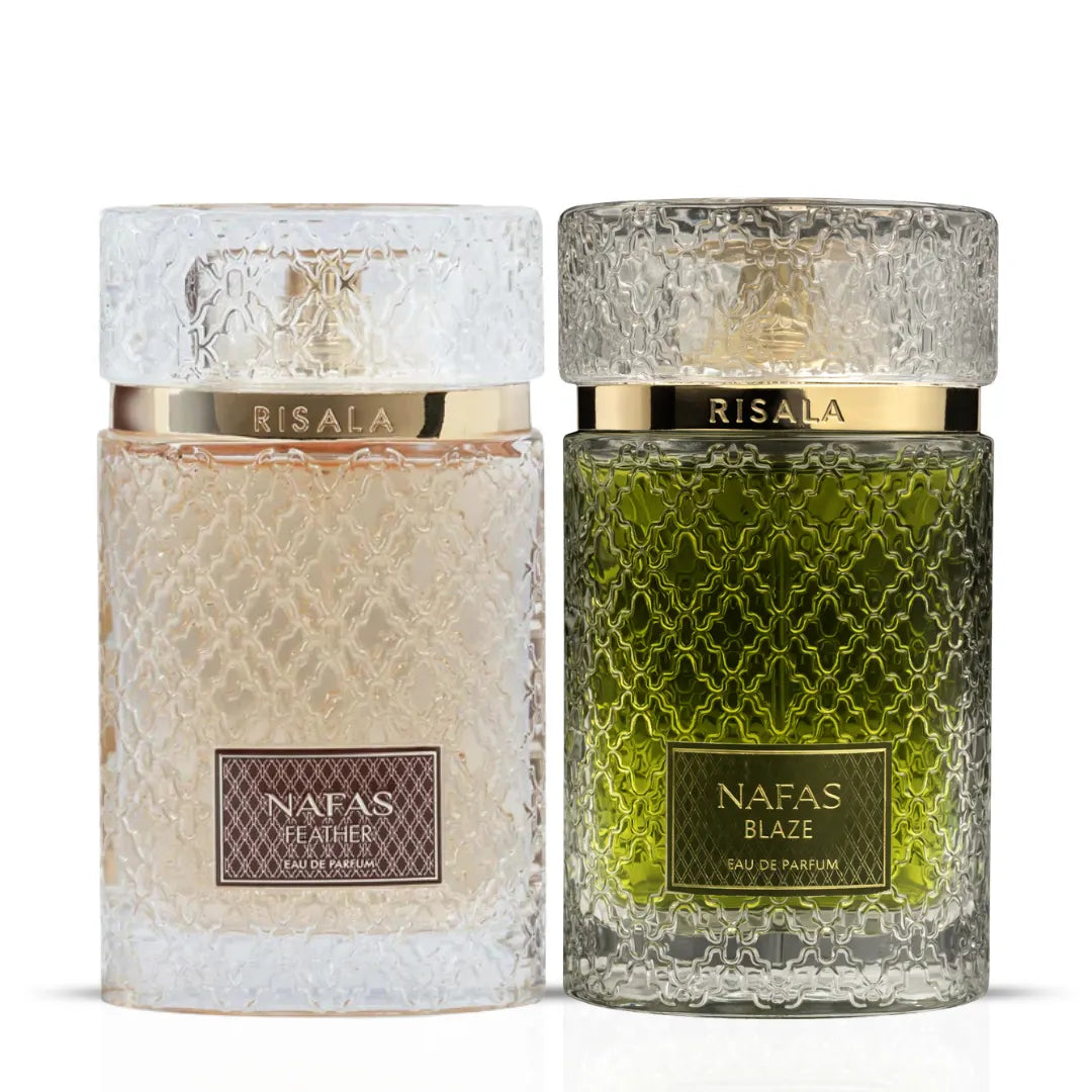Elite Risala Nafas Blaze & Feather Eau De Parfum bundle, 100ml spray set, featuring floral and fresh fragrance designs.