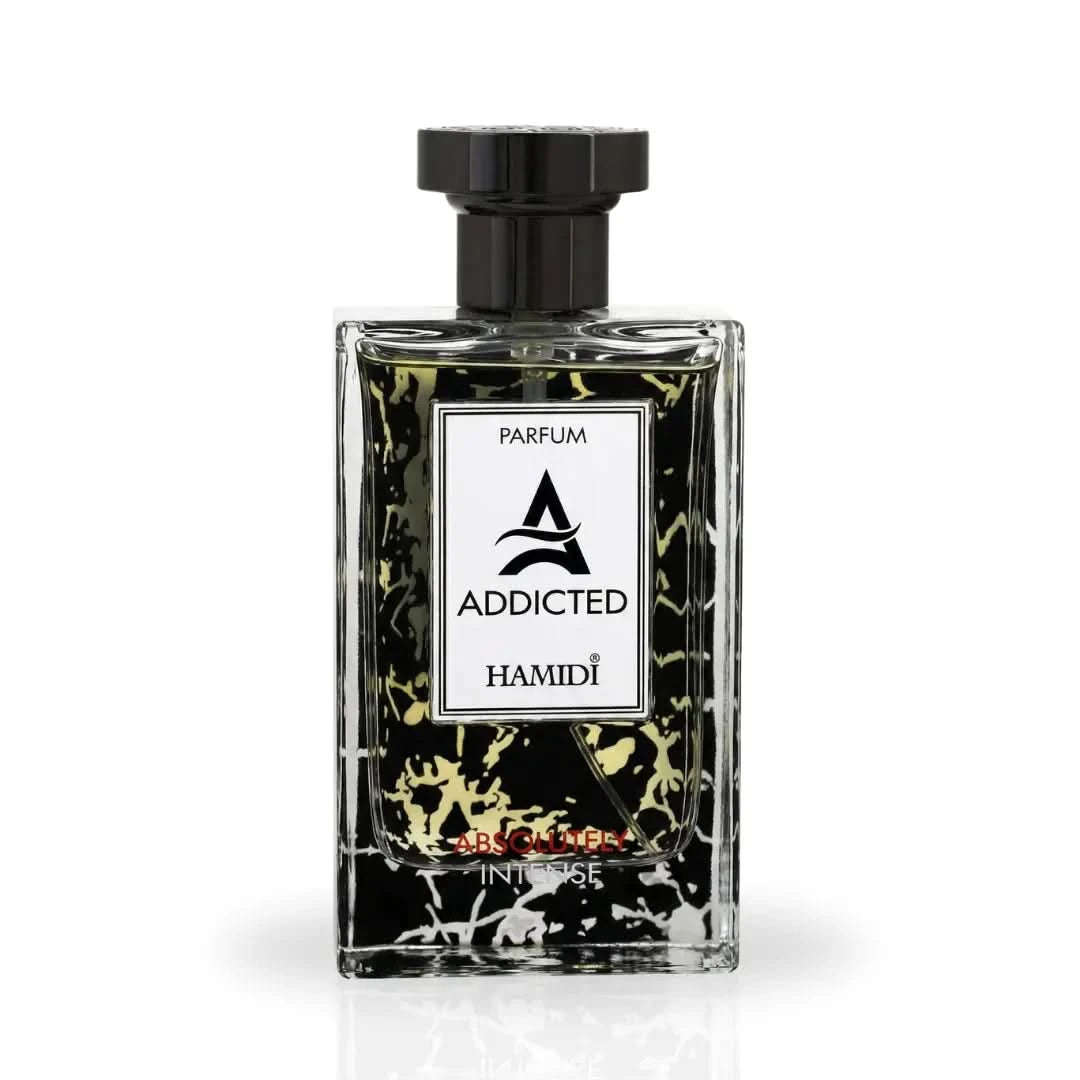 Addicted Absolutely Intense Eau de Parfum spray by Hamidi, 110ml bottle with elegant design and floral fragrance.