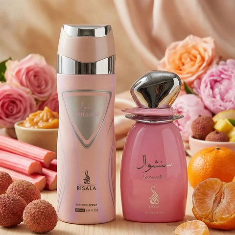 RISALA Sensuelle Eau de Parfum Spray 100ml and Perfumed Body Spray 200ml bundle, elegant fragrance bottles.