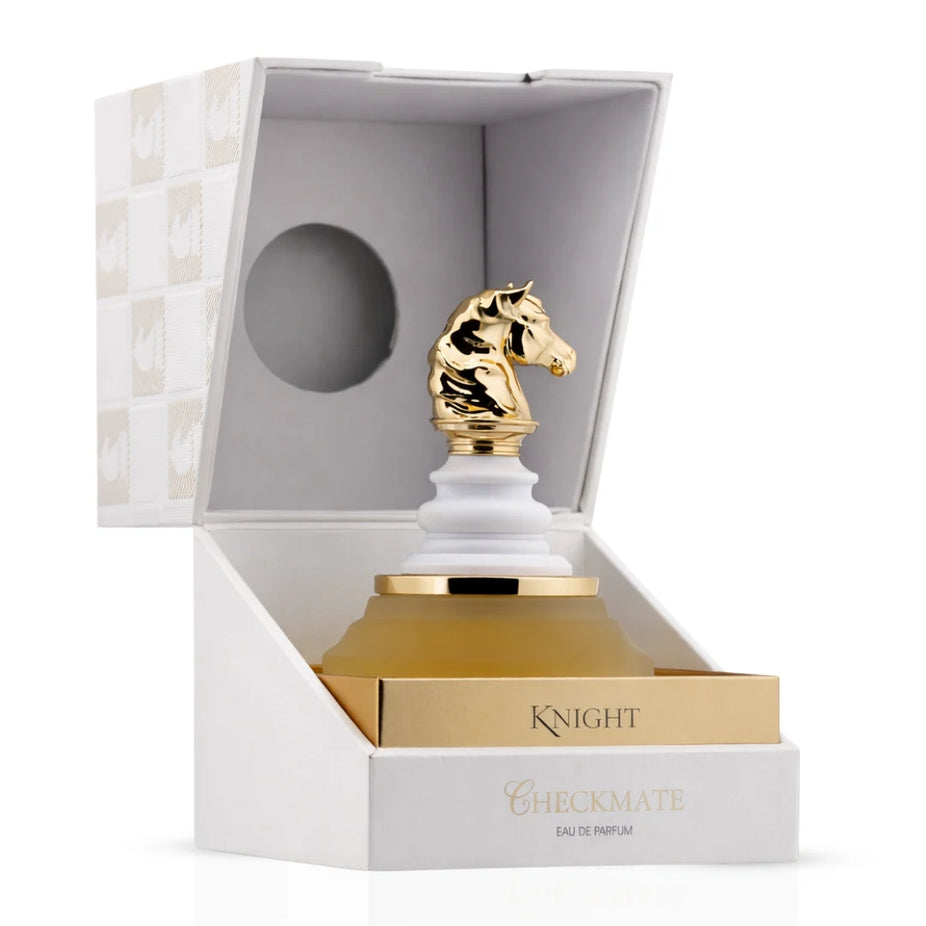 Armaf Checkmate White Knight Eau De Parfum spray 100ml bottle, featuring sleek white packaging and elegant design.