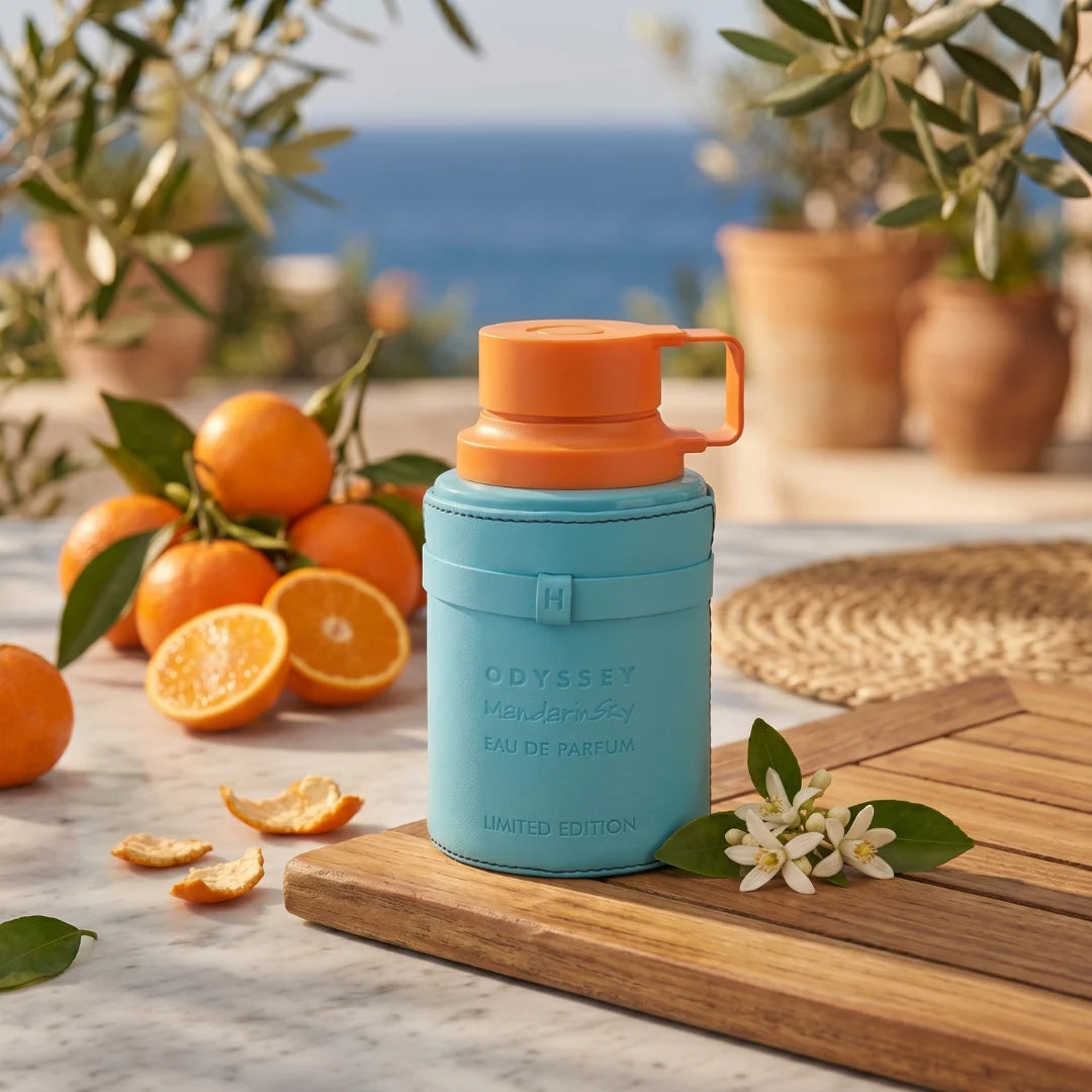 Odyssey Mandarin Sky limited edition Eau de Parfum spray by Armaf, 200ml bottle with a sleek design and vibrant packaging.