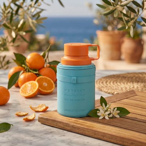 Odyssey Mandarin Sky limited edition Eau de Parfum spray by Armaf, 200ml bottle with a sleek design and vibrant packaging.