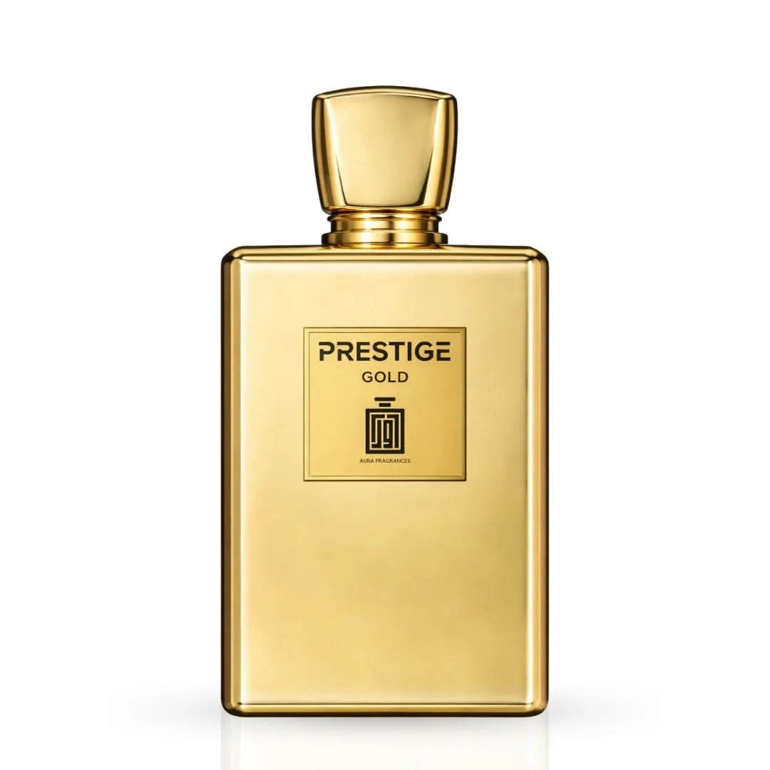 Aura Fragrances Prestige Gold Eau De Parfum spray, 100ml, elegant bottle with gold accents, showcasing luxurious fragrance design.