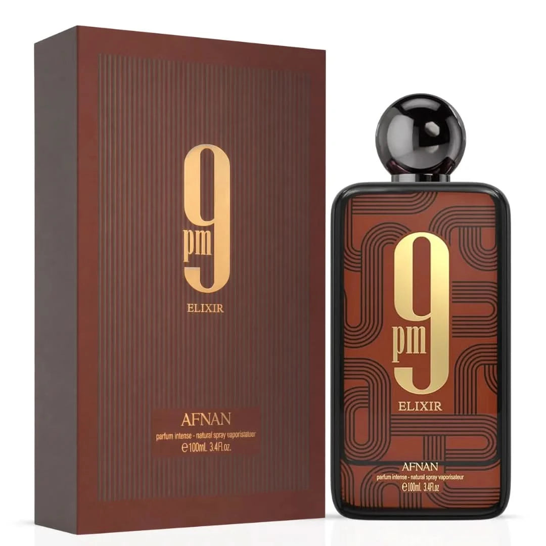 Afnan 9PM Elixir Eau De Parfum spray bottle, 100ml, featuring elegant packaging and the fragrance inside.