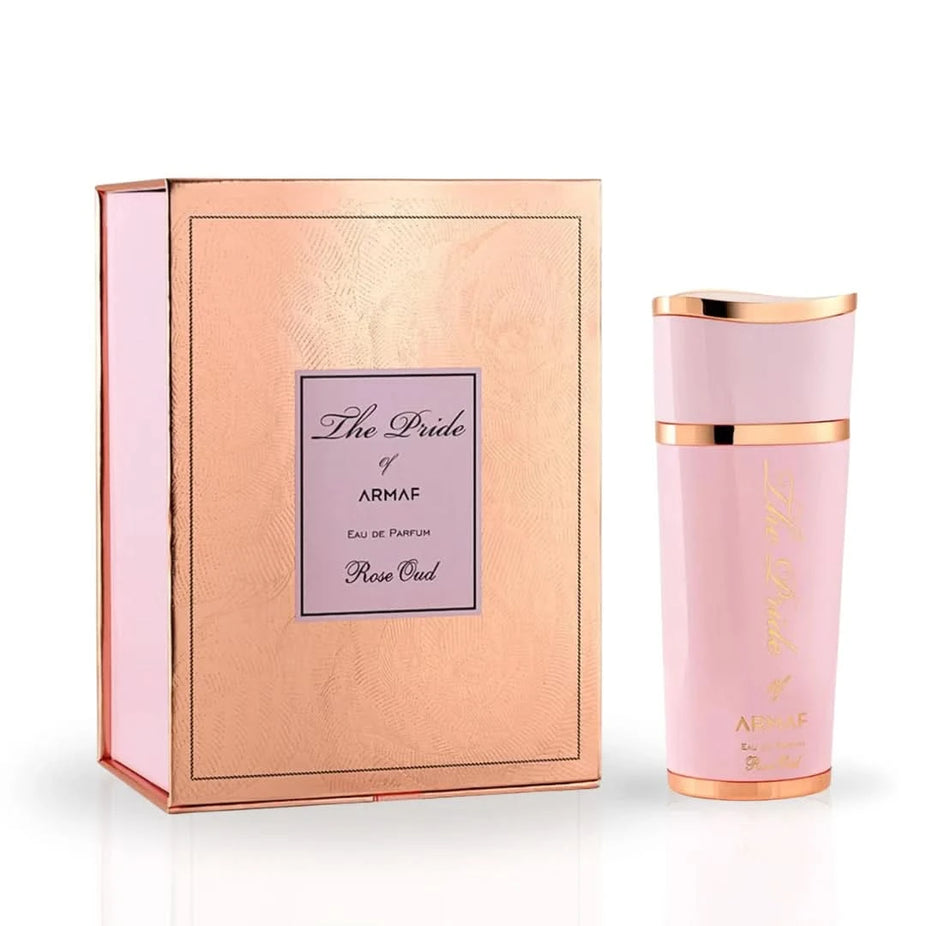 Bundle of Armaf Pride of Armaf Rose Oud Femme and Pour Femme Eau de Parfum sprays, 100ml bottles, featuring floral and oud notes.