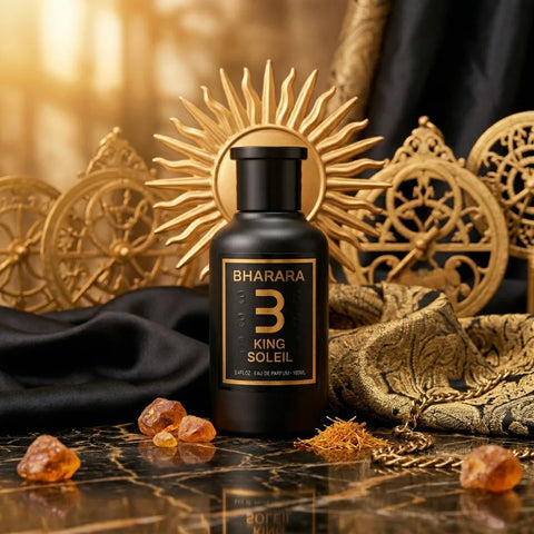 Bharara King Soleil Eau de Parfum spray bottle, 100ml, featuring elegant packaging and a luxurious fragrance display.