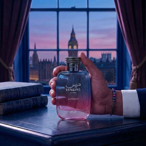 Rasasii Hawas London Eau De Parfum spray 100ml bottle with elegant packaging and clear logo display.