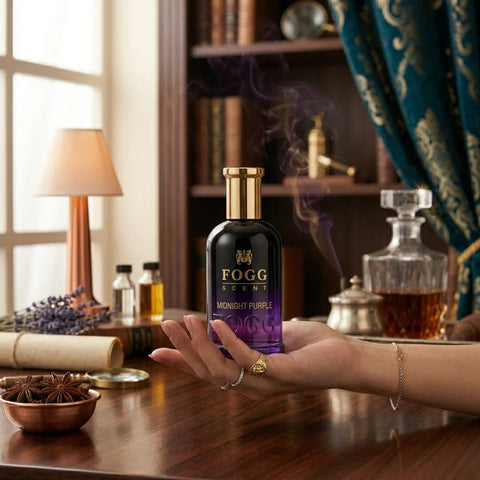 Midnight Purple Fogg Eau de Parfum spray for women, 100ml bottle with elegant purple packaging and floral fragrance details.