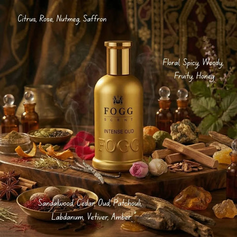 Fogg Intense Oud for Men Eau de Parfum spray in 100ml bottle, featuring rich oud and masculine fragrance details.