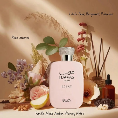 Rasasi Hawas Black and Hawas For Her Eclat Eau de Parfum spray bundle, 100ml bottles, with stylish black and elegant packaging.