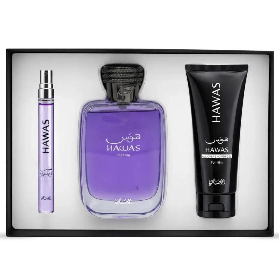 Rasasi Hawas for Men 3-piece perfume gift set with bottles and packaging, featuring a stylish men's fragrance collection.