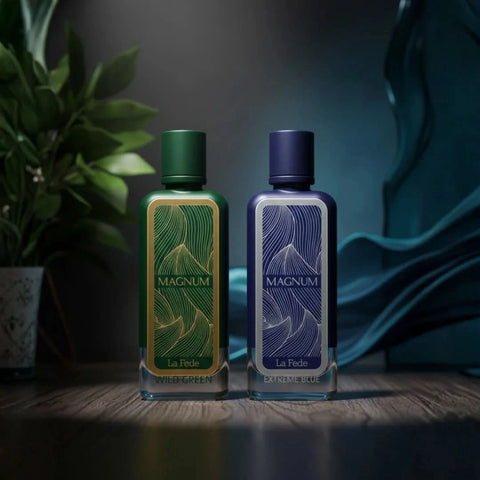 Khadlaj La Fede Magnum Wild Green and Extreme Blue Eau de Parfum Spray bundle, 100ml bottles, with vibrant packaging and branding.