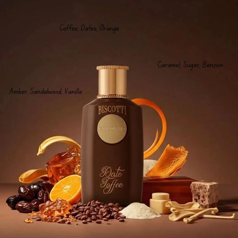 Khadlaj Biscotti Date Toffee & Caramel Pop Eau de Parfum bundle, 100ml bottles, featuring sweet, warm fragrance sprays.