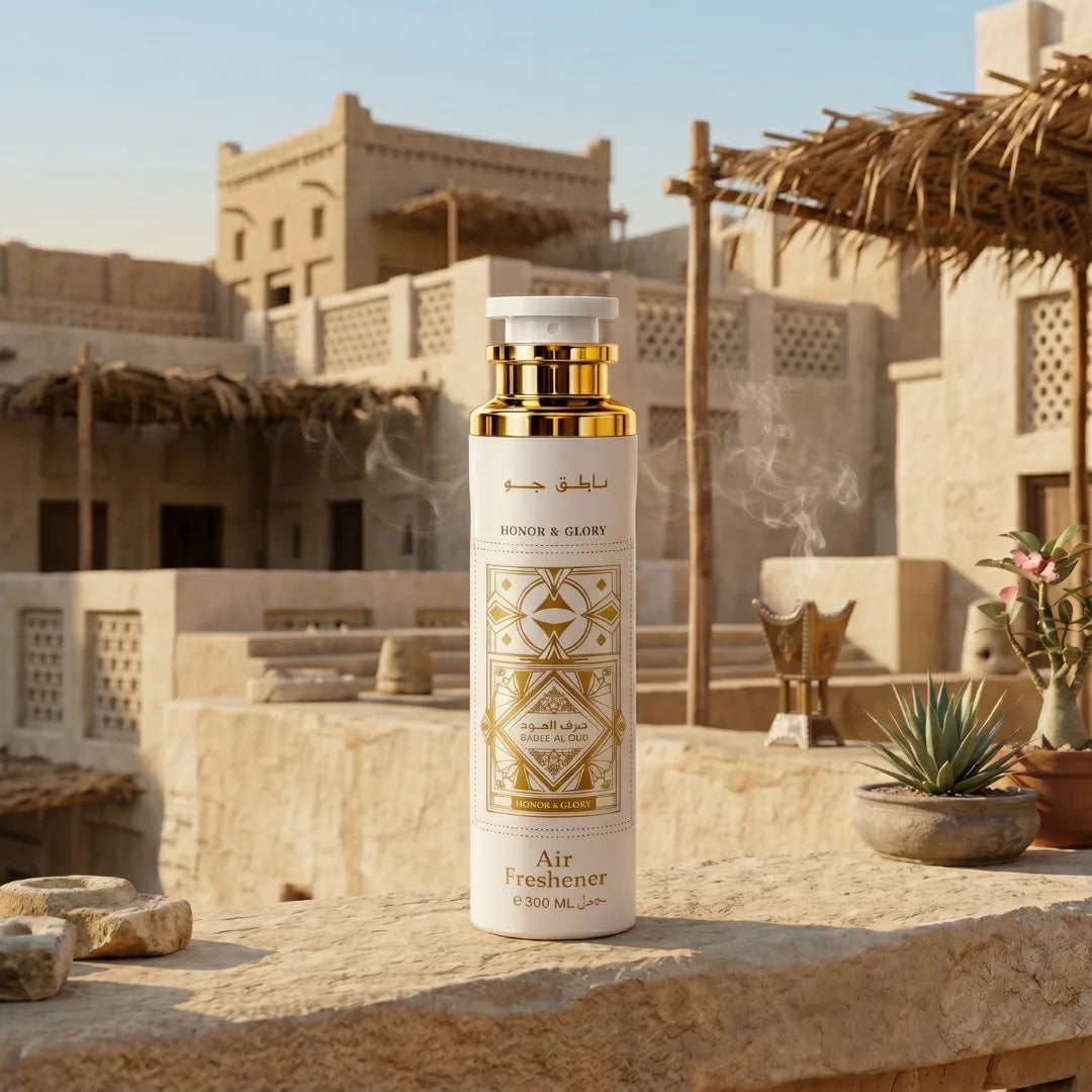 Lattafa Bade’e Al Oud Honor & Glory air freshener spray, 300ml, with elegant bottle and floral fragrance design.