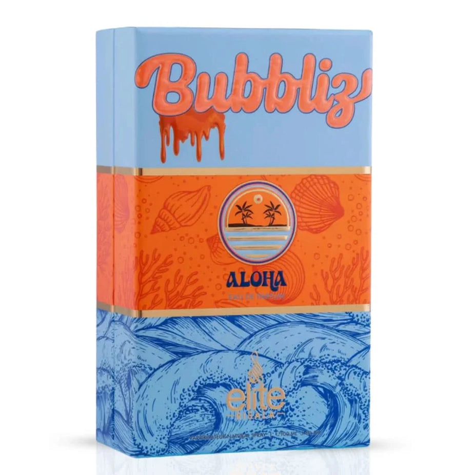 Elite Risala Bubbliz Aloha Eau De Parfum spray 100ml with sleek bottle and floral design, showcasing the fragrance's elegant packaging.