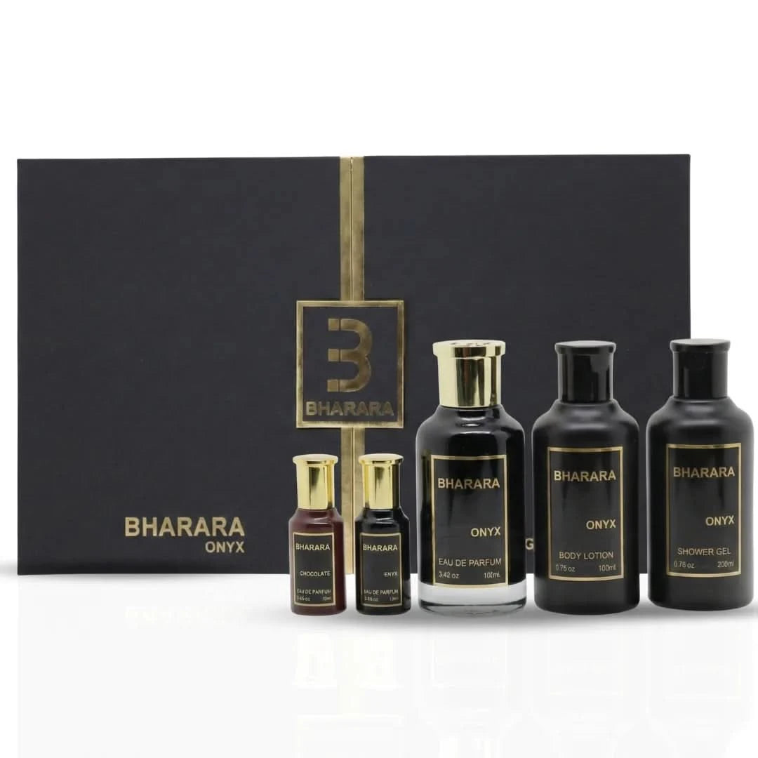 Bharara Onyx 5-piece fragrance gift set with elegant bottles in black and gold packaging, includes various perfume sprays.