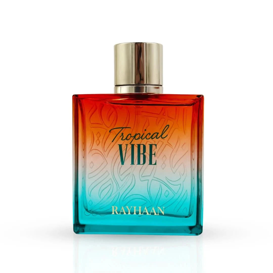 Rayhaan Tropical Vibe Eau de Parfum spray 100ml bottle with vibrant tropical-inspired design and elegant cap.