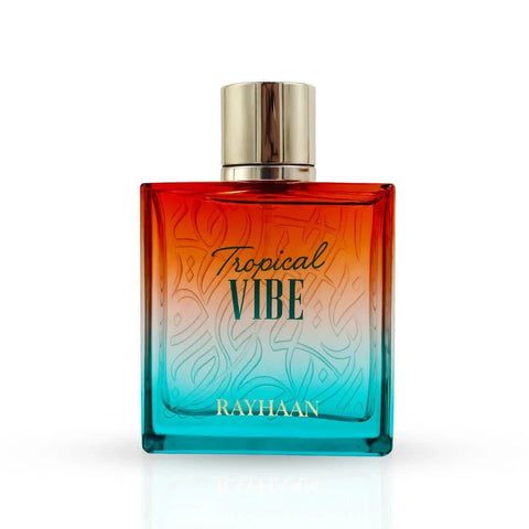 Rayhaan Tropical Vibe Eau de Parfum spray 100ml bottle with vibrant tropical-inspired design and elegant cap.
