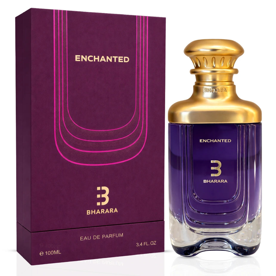 Bharara Enchanted Eau de Parfum Spray 100ml bottle with elegant floral design and gold accents.