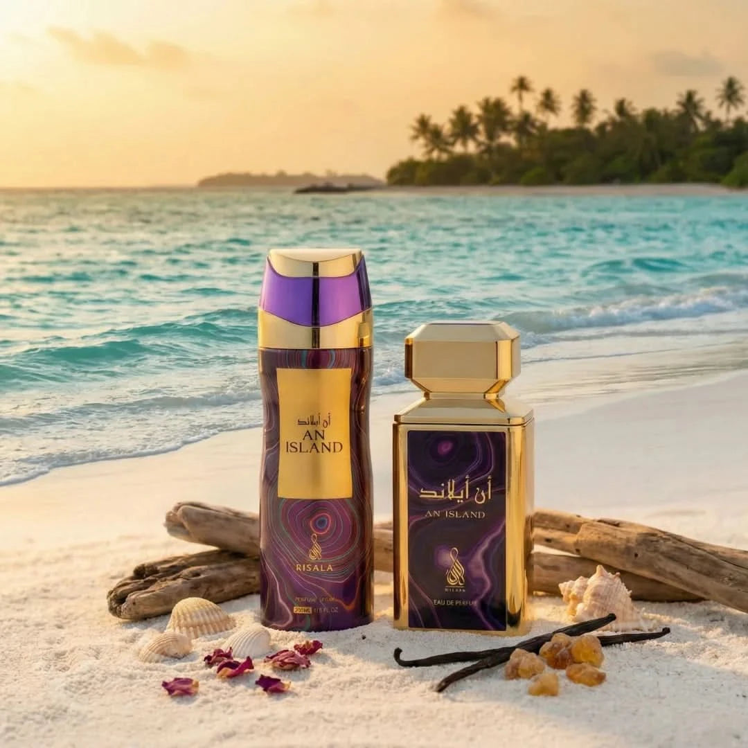 RISALA Island Eau De Parfum spray and perfumed body spray bundle, 100ml and 200ml, with tropical scent bottles.