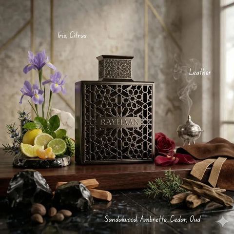 Rayhaan Obsidian and Rayhaan Tiger Eau de Parfum Spray bundle, 100ml, featuring two distinct fragrance bottles by Rayhaan.
