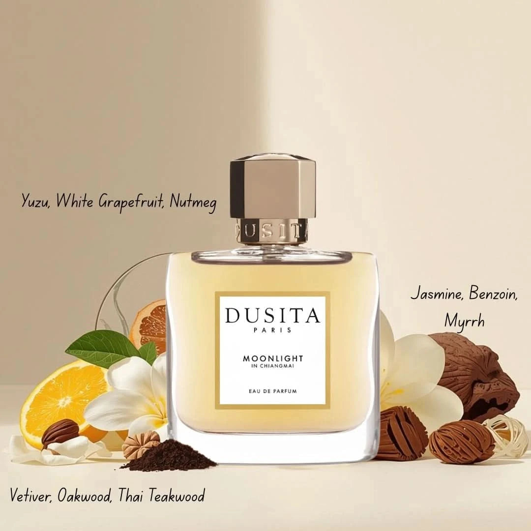 Dusita Paris Moonlight in Chiangmai 100ml Eau De Parfum bottle, elegant floral fragrance with soft, luminous design.