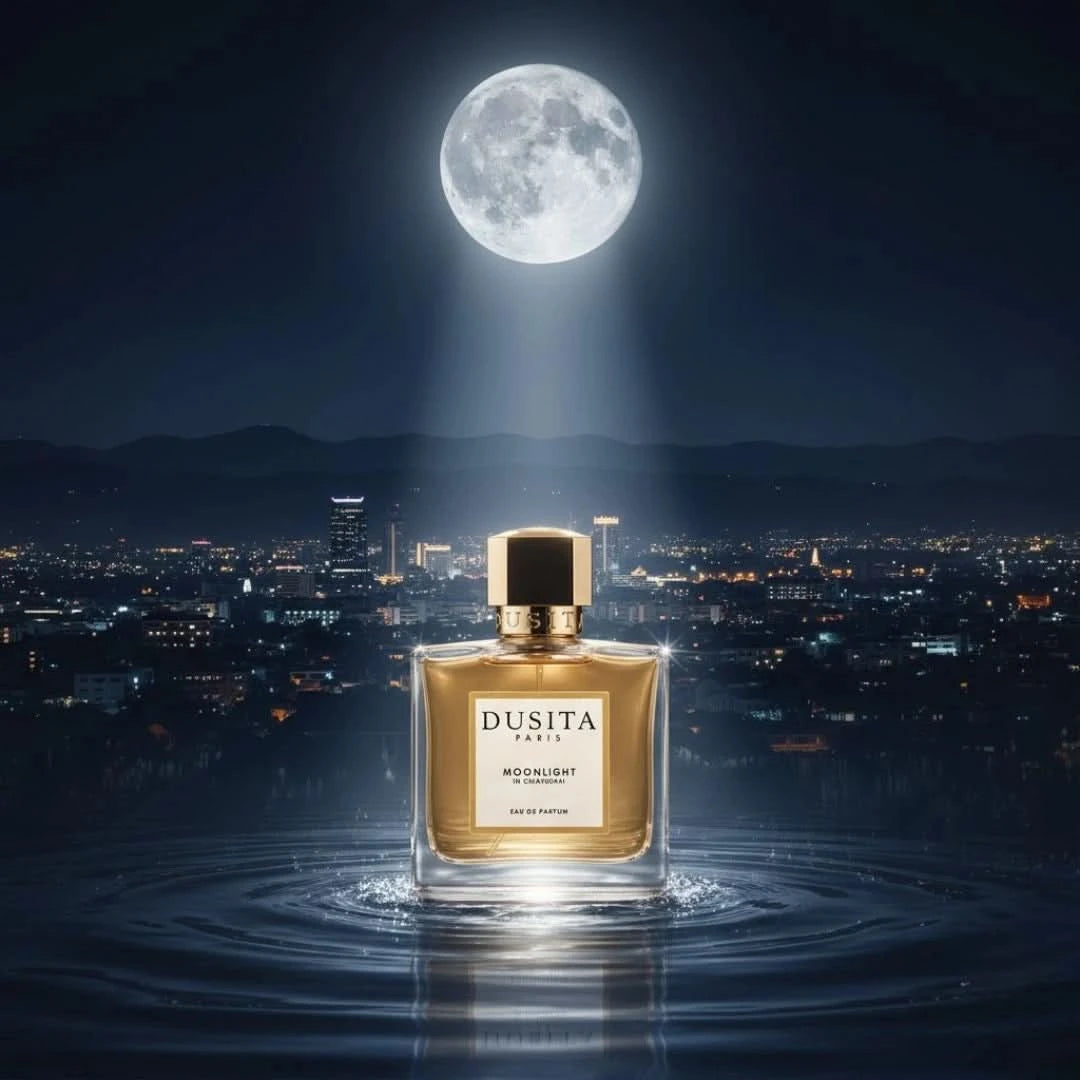 Dusita Paris Moonlight in Chiangmai 100ml Eau De Parfum bottle, elegant glass container with floral and citrus notes.