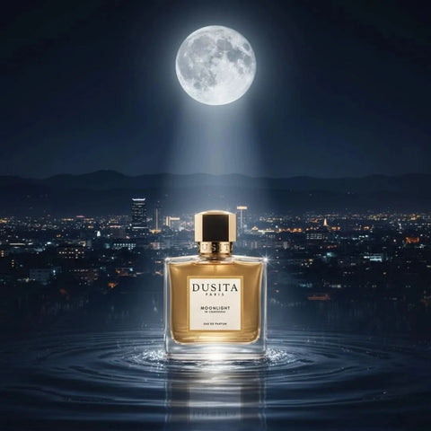 Dusita Paris Moonlight in Chiangmai 100ml Eau De Parfum bottle, elegant glass container with floral and citrus notes.
