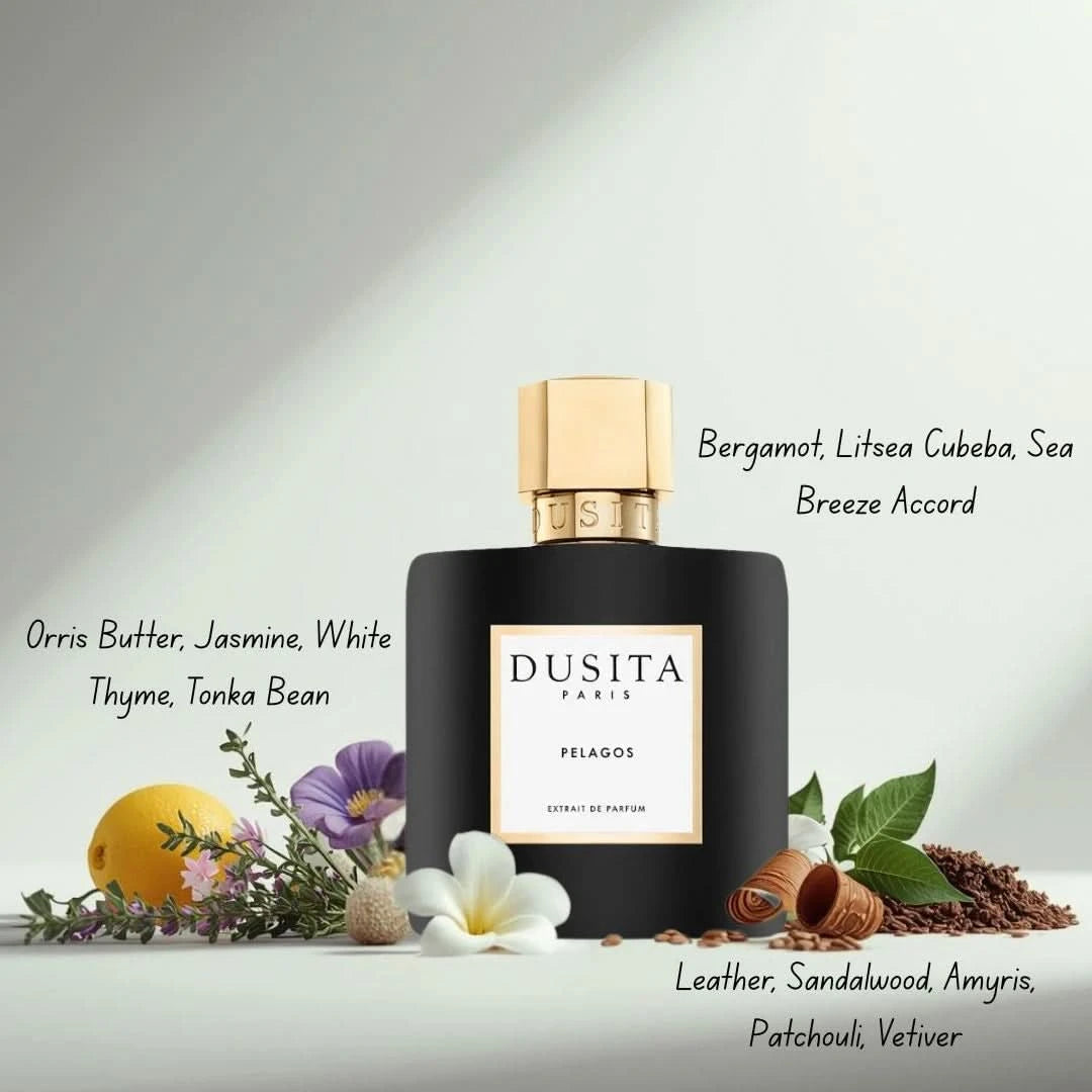Dusita Paris Pelagos Extrait de Parfum spray bottle with packaging, showcasing elegant 50ml EDP fragrance for men and women.