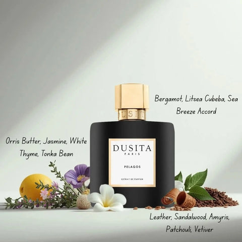 Dusita Paris Pelagos Extrait de Parfum spray bottle with packaging, showcasing elegant 50ml EDP fragrance for men and women.