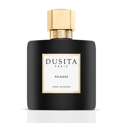Dusita Paris Pelagos Extrait de Parfum spray in a 50ml glass bottle, showcasing the elegant dark-colored perfume container.