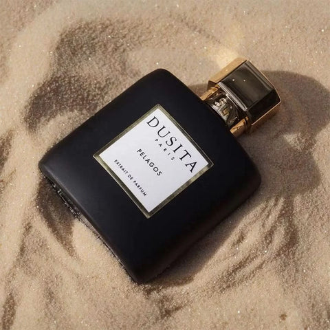 Dusita Paris Pelagos Extrait de Parfum Spray 50ml, elegant glass bottle with black cap, showcasing luxurious fragrance.