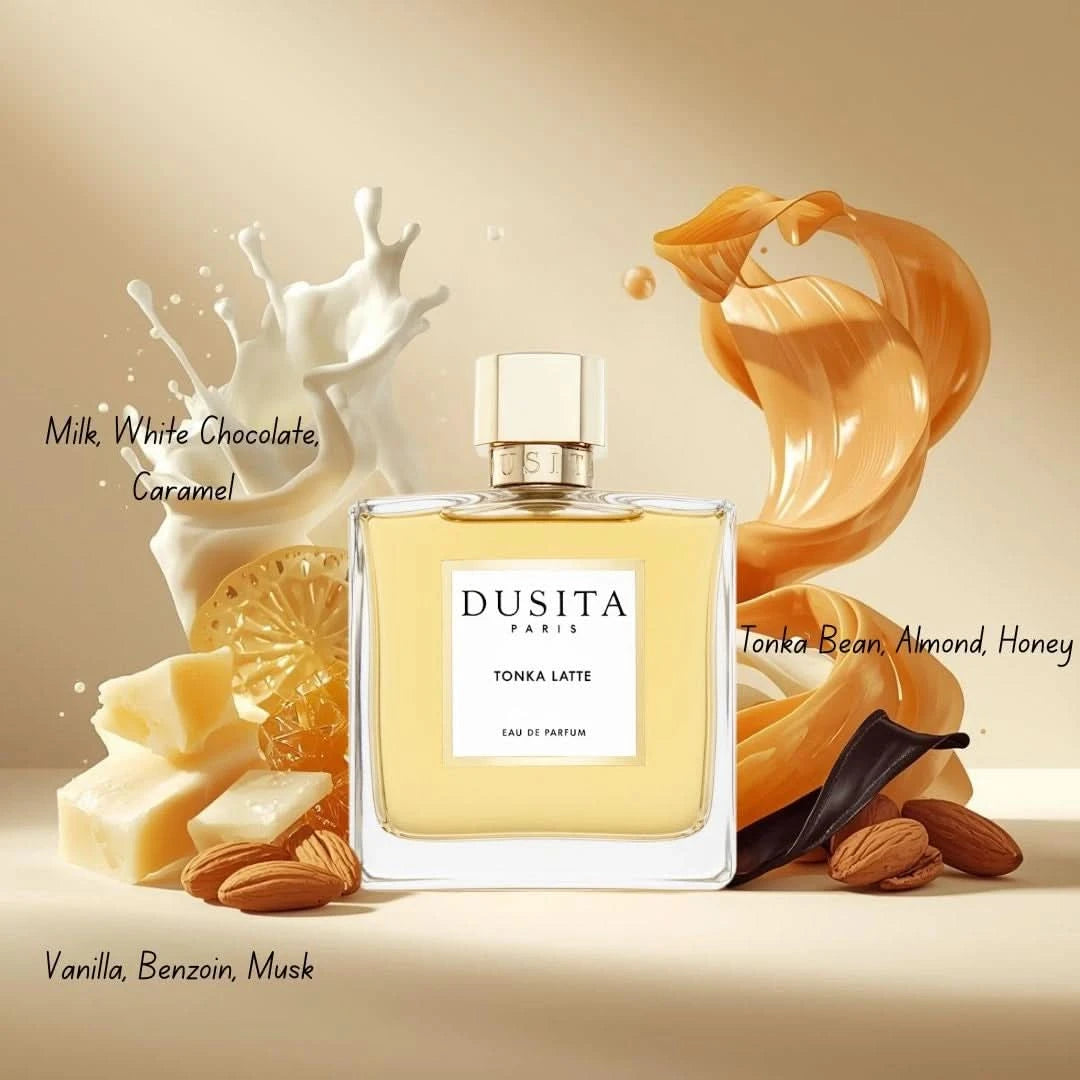 Dusita Paris Tonka Latte Eau de Parfum spray, 100ml bottle, featuring elegant packaging and a luxurious fragrance bottle.
