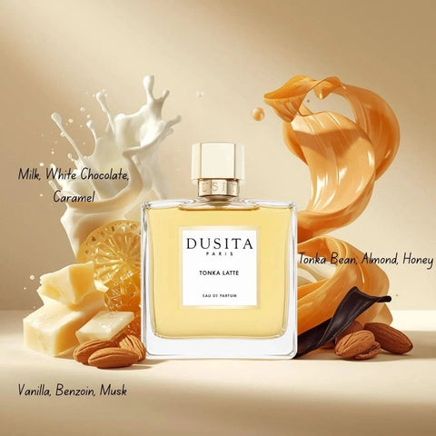 Dusita Paris Tonka Latte Eau de Parfum spray, 100ml bottle, featuring elegant packaging and a luxurious fragrance bottle.