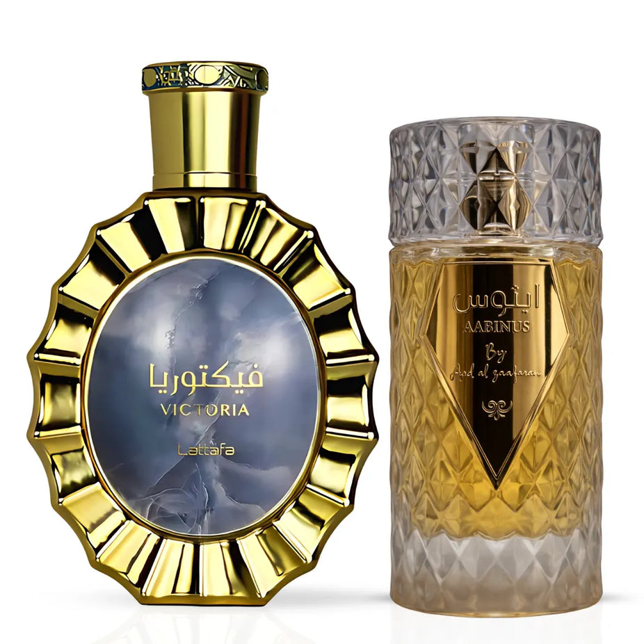 Victoria Eau de Parfum Spray and Aabinus Eau de Parfum Spray bundle featuring 100ml bottles by Lattafa and Ard Al Zaafaran.