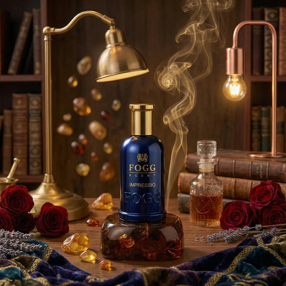 Fogg Impressio for Men Eau de Parfum spray, 100ml bottle, sleek design and dark-colored cap, ideal for sophisticated fragrance.