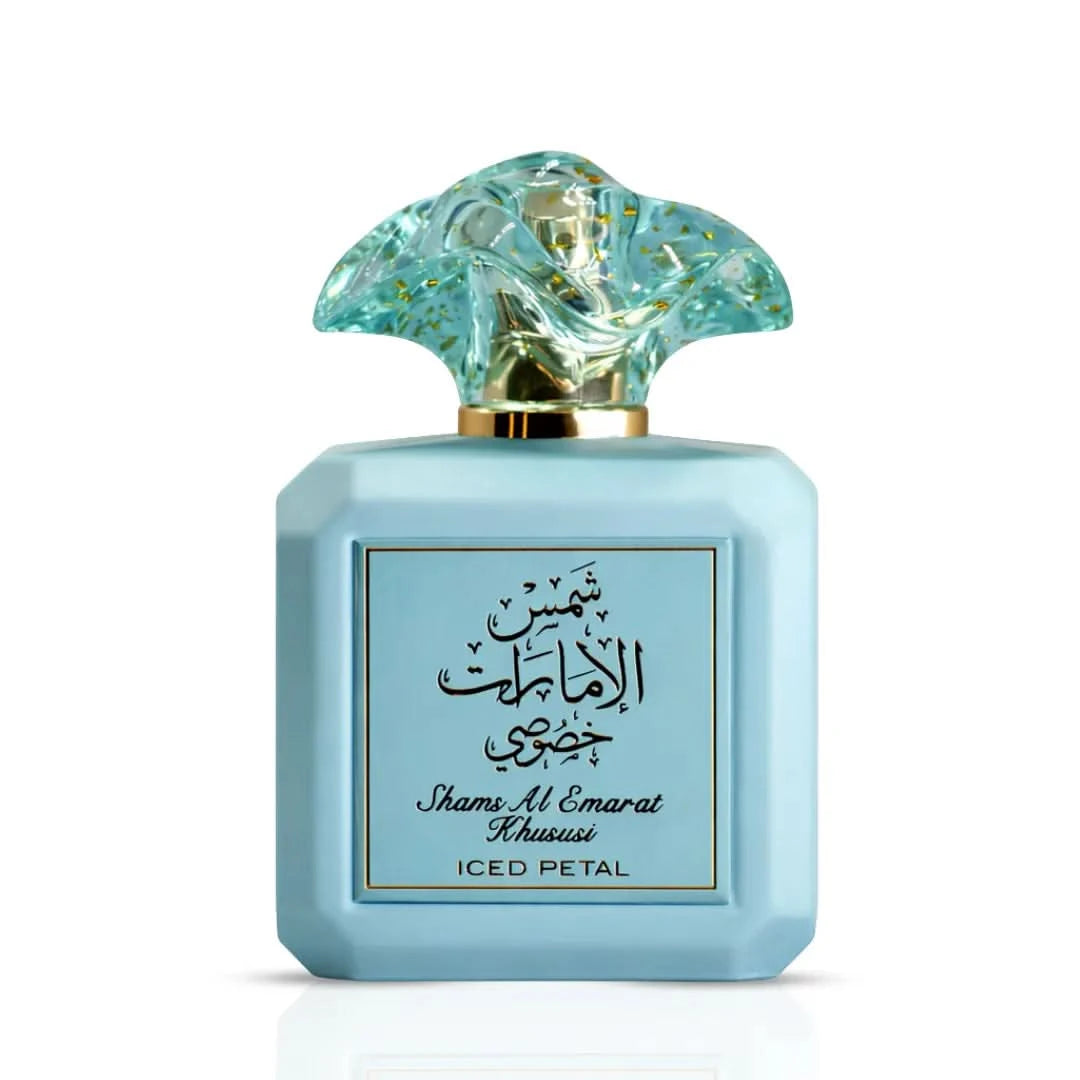 Shams Al Emarat Khususi Iced Petal Eau de Parfum spray by Ard Al Zaafaran in a velvet pouch, 100ml (3.4 oz) bottle.