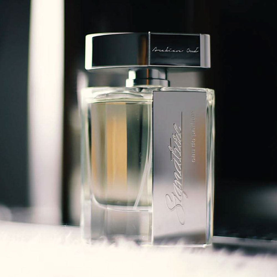 Arabian Oud Signature for Men Eau De Parfum bottle, 90ml, with sleek design and elegant branding for men.
